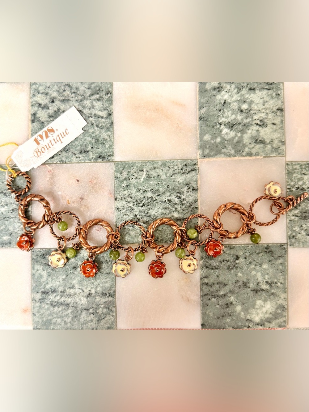 1928 Copper-Tone Floral Charm Bracelet with Red, Cream & Green Accents